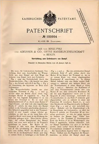 Original Patentschrift - Jan von Biskupski und Adelssen & Co in Berlin , 1898 , Entwässerung von Dampf !!!