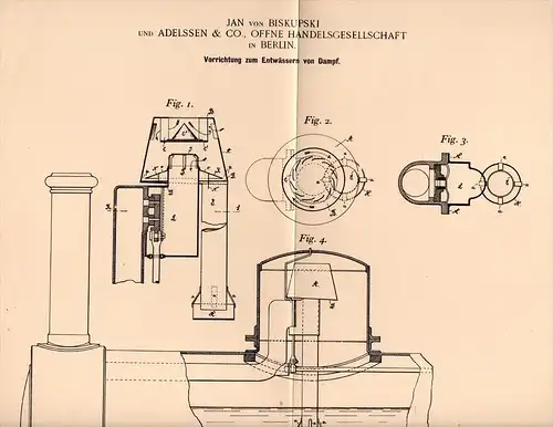 Original Patentschrift - Jan von Biskupski und Adelssen & Co in Berlin , 1898 , Entwässerung von Dampf !!!