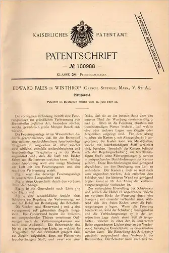 Original Patentschrift - E. Fales in Winthrop , Mass. USA, 1897 , heating , firing , oven , stainless !!!