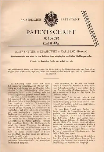 Original Patentschrift - J. Sattler in Drahowitz b. Karlsbad , 1901 , Schwimmerhahn , Schwimmer , Messing !!!