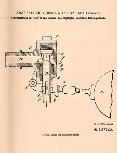 Original Patentschrift - J. Sattler in Drahowitz b. Karlsbad , 1901 , Schwimmerhahn , Schwimmer , Messing !!!