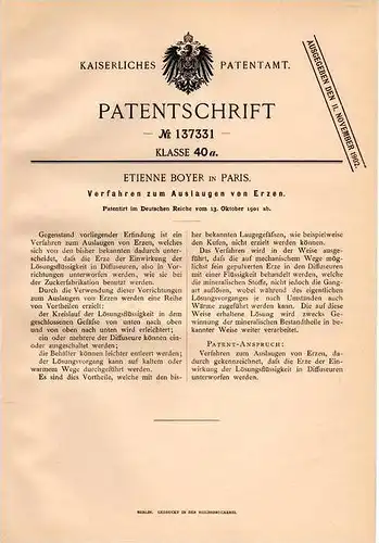 Original Patentschrift - E. Boyer in Paris , 1901 , Minerai de lixiviation, le minerai, la production de sucre !!!