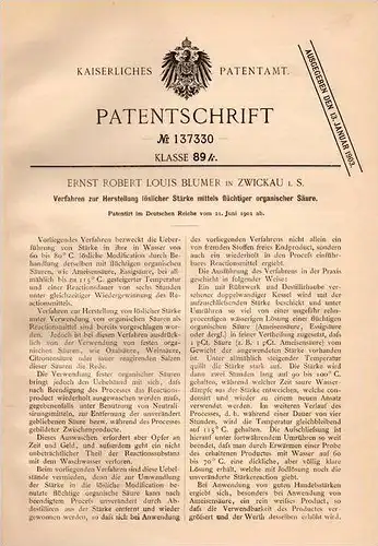 Original Patentschrift - Ernst R. Blumer in Zwickau i.S., 1901 , Herstellung von Stärke mit Säure , Chemie !!!