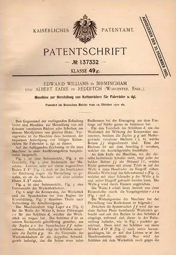 Original Patentschrift - E. Willliams and A. Eadie in Redditch , 1901 , machine for bicycle - sprockets, sprocket !!!