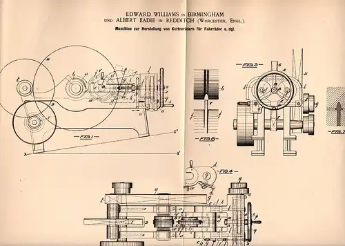 Original Patentschrift - E. Willliams and A. Eadie in Redditch , 1901 , machine for bicycle - sprockets, sprocket !!!