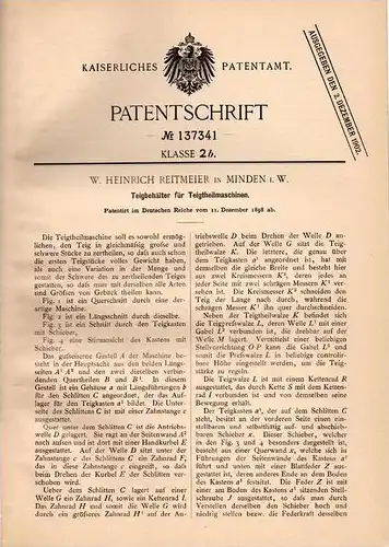 Original Patentschrift -  W. Reitmeier in Minden i.W., 1898 , Teig - Teilmaschine , Bäckerei , Bäcker , Brot , Gebäck !!