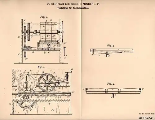 Original Patentschrift -  W. Reitmeier in Minden i.W., 1898 , Teig - Teilmaschine , Bäckerei , Bäcker , Brot , Gebäck !!