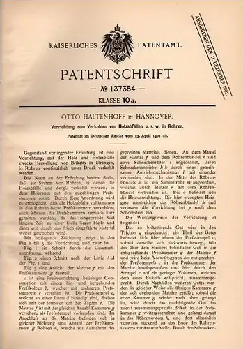 Original Patentschrift - Otto Haltenhoff in Hannover , 1901 , Apparat zum Verkohlen von Holz - Abfall , Brikett !!!