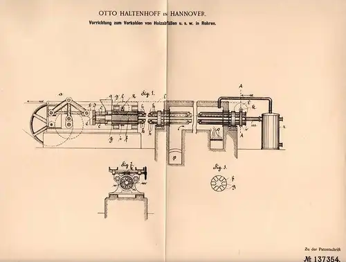 Original Patentschrift - Otto Haltenhoff in Hannover , 1901 , Apparat zum Verkohlen von Holz - Abfall , Brikett !!!