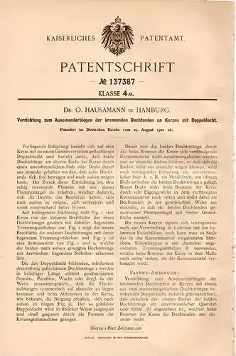 Original Patentschrift - Dr. O. Hausamann in Hamburg ,1901,Apparat für Kerzen - Herstellung , Kerze , Paraffin , Stearin