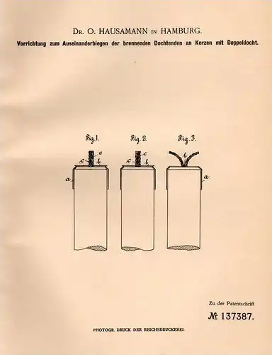 Original Patentschrift - Dr. O. Hausamann in Hamburg ,1901,Apparat für Kerzen - Herstellung , Kerze , Paraffin , Stearin