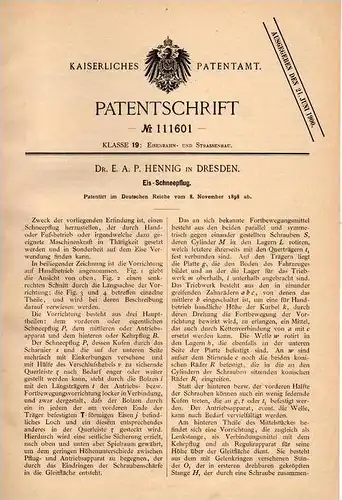 Original Patentschrift - Dr. E.A. Hennig in Dresden , 1898 , Eis - Schneepflug , Winterdienst , Schnee , Pflug !!!