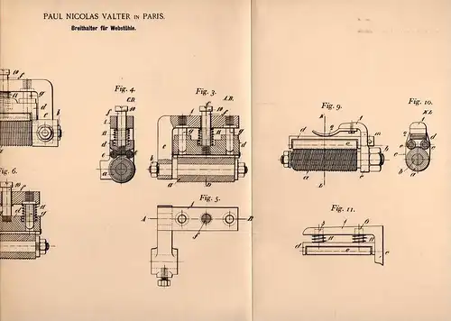 Original Patentschrift - P.N. Valter in Paris , 1899 , Appareil pour métier à tisser , tissage !!