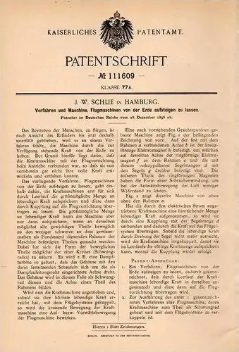 Original Patentschrift - J.W. Schlie in Hamburg , 1898 , Apparat zum Start von Flugmaschinen , Luftschiff , Flugzeug !!!