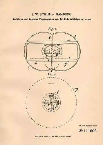 Original Patentschrift - J.W. Schlie in Hamburg , 1898 , Apparat zum Start von Flugmaschinen , Luftschiff , Flugzeug !!!