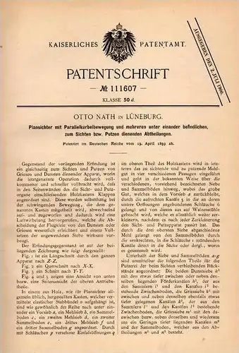 Original Patentschrift - Otto Nath in Lüneburg , 1899 , Plansichter zum Sichten und Putzen , Holz !!!
