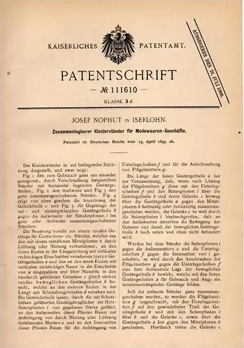 Original Patentschrift - Josef Nophut in Iserlohn , 1899 , Kleiderständer für Mode - Geschäfte , Kleider , Textilien !!!