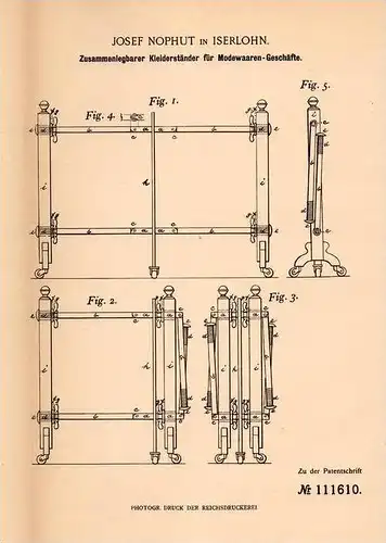 Original Patentschrift - Josef Nophut in Iserlohn , 1899 , Kleiderständer für Mode - Geschäfte , Kleider , Textilien !!!
