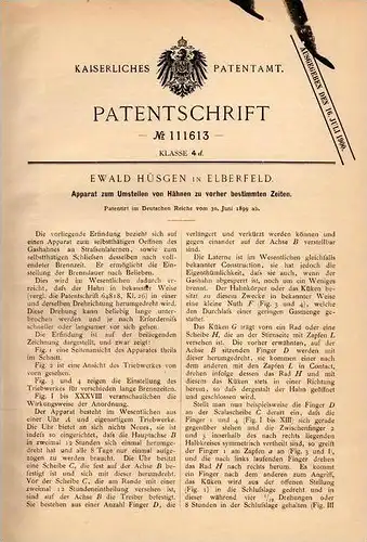 Original Patentschrift - E. Hüsgen in Elberfeld - Wuppertal , 1899 , Apparat für Straßenlaterne , Laterne , Lampen !!!