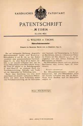 Original Patentschrift - G. Willner in Thorn / Torun , 1899 , Barometer , Federbarometer !!!