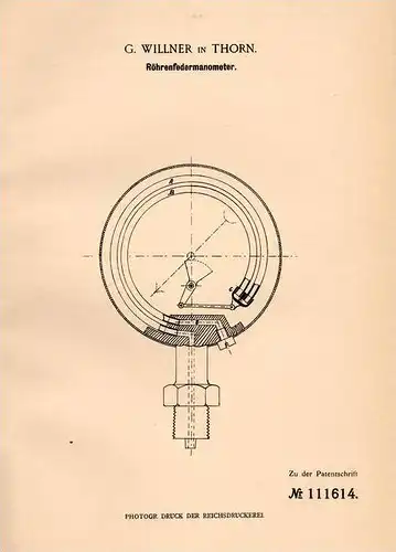 Original Patentschrift - G. Willner in Thorn / Torun , 1899 , Barometer , Federbarometer !!!