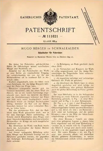 Original Patentschrift - H. Berger in Schmalkalden , 1899 , Halter für Säbel am Militär - Fahrrad , Degen , Schwert !!!