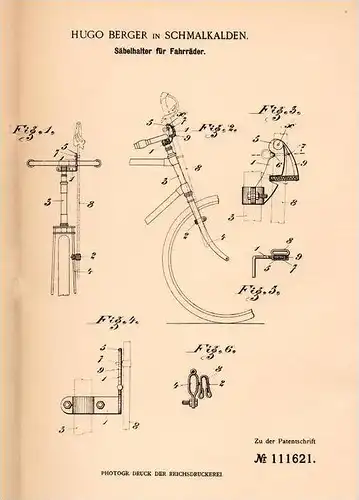 Original Patentschrift - H. Berger in Schmalkalden , 1899 , Halter für Säbel am Militär - Fahrrad , Degen , Schwert !!!