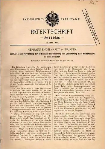 Original Patentschrift - H. Engelhardt in Wurzen , 1899 , Apparat für Kompressor  !!!