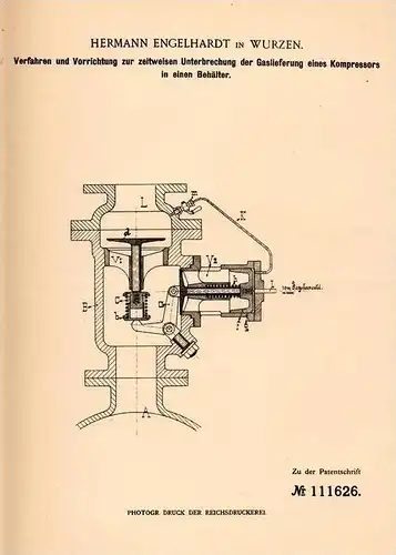 Original Patentschrift - H. Engelhardt in Wurzen , 1899 , Apparat für Kompressor  !!!