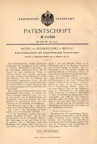 Original Patentschrift - Anton von Suchorzynski in Breslau , 1898 , Schreibmaschine !!!