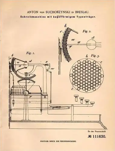 Original Patentschrift - Anton von Suchorzynski in Breslau , 1898 , Schreibmaschine !!!