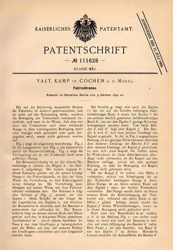 Original Patentschrift - Valt Kamp in Cochem a.d. Mosel , 1899 , Bremse für Fahrrad  !!!