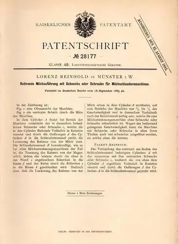 Original Patentschrift - L. Reinhold in Münster i.W., 1883 , Apparat für Milch - Schleudermaschine , Molkerei !!!