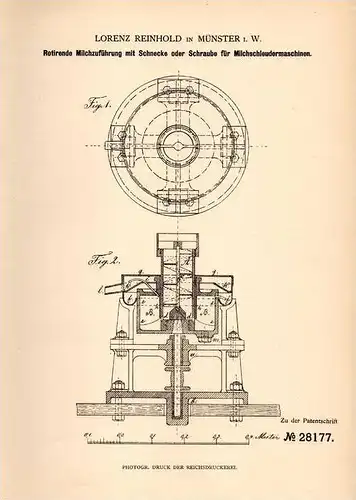 Original Patentschrift - L. Reinhold in Münster i.W., 1883 , Apparat für Milch - Schleudermaschine , Molkerei !!!