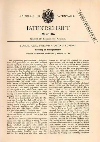 Original Patentschrift - E. F. Otto in London , 1884 , innovation to unicycle , bicycle , Hochrad , Einrad !!!