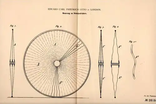 Original Patentschrift - E. F. Otto in London , 1884 , innovation to unicycle , bicycle , Hochrad , Einrad !!!
