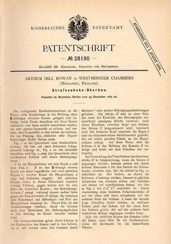 Original Patentschrift - A. Rowan in Westminster Chambers , 1883 , superstructure for tram , train !!!