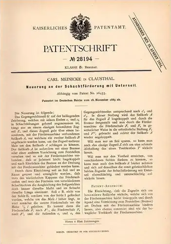 Original Patentschrift - Carl Meinicke in Clausthal , 1883 , Schacht - Förderung , Bergbau , Tunnel , Grube , Zellerfeld