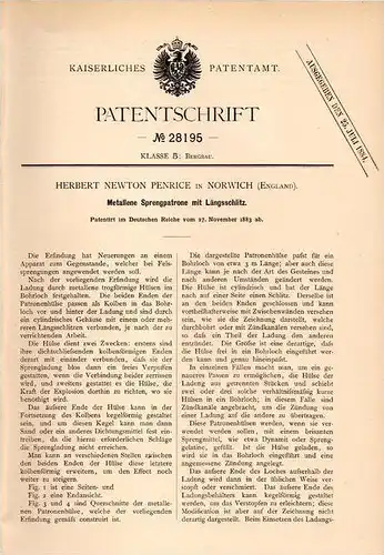 Original Patentschrift - H. Penrice in Norwich , 1883 , explosive cartridge of metal !!!