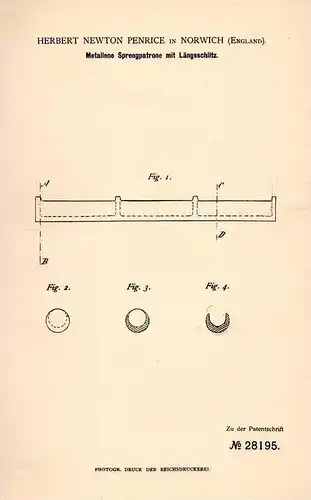 Original Patentschrift - H. Penrice in Norwich , 1883 , explosive cartridge of metal !!!
