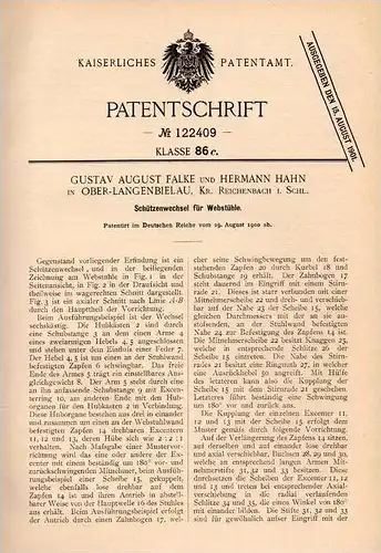 Original Patentschrift - G. Falke und H. Hahn in Langenbielau / Bielawa , 1900 , Apparat für Webstuhl , Weberei !!!