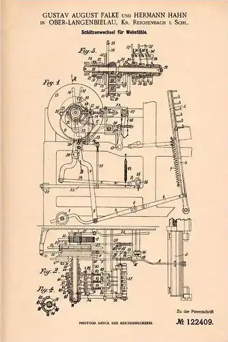 Original Patentschrift - G. Falke und H. Hahn in Langenbielau / Bielawa , 1900 , Apparat für Webstuhl , Weberei !!!