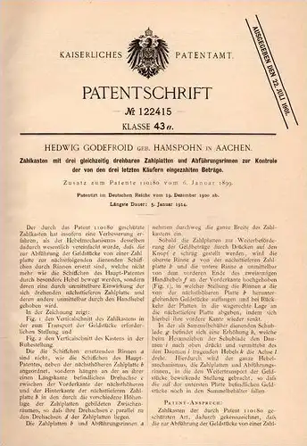 Original Patentschrift - H. Godefroid - Hamspohn in Aachen , 1900 , Zahlkasse mit Kontrollapparat , Kasse !!!