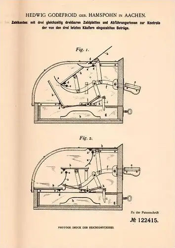 Original Patentschrift - H. Godefroid - Hamspohn in Aachen , 1900 , Zahlkasse mit Kontrollapparat , Kasse !!!