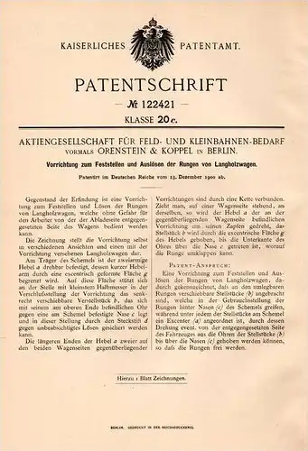 Original Patentschrift - Orenstein & Koppel in Berlin , 1900, Kleinbahn - Bedarf , Apparat für Langholzwagen , Eisenbahn