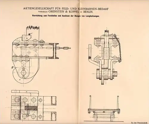 Original Patentschrift - Orenstein & Koppel in Berlin , 1900, Kleinbahn - Bedarf , Apparat für Langholzwagen , Eisenbahn