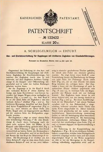 Original Patentschrift - A. Schlegelmilch in Erfurt , 1900 , Kupplung für Eisenbahn !!!