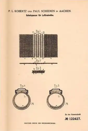 Original Patentschrift - P. Kobertz und und P. Scheeren in Aachen , 1899 , Schutzpanzer für Luftreifen , Reifen , Gummi