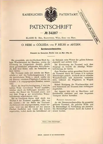 Original Patentschrift - O. Riebe und P. Reuss in Cölleda und Artern , 1885 , Waschmaschine für Gerste , Brauerei , Bier