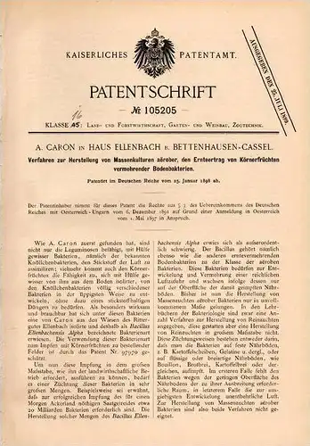 Original Patentschrift - A. Caron in Haus Ellenbach b. Bettenhausen - Cassel ,1898, Massenkulturen für Bakterien , Ernte